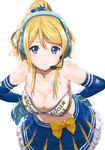  arms_behind_back ayase_eli bare_shoulders blonde_hair blue_eyes blue_gloves blush breasts cheerleader cleavage cowboy_shot elbow_gloves gloves headset large_breasts leaning_forward long_hair looking_at_viewer love_live! love_live!_school_idol_project midriff navel pom_poms ponytail skirt smile solo star takaramonozu tattoo tetsujin_momoko white_background 