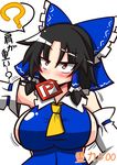 ? alternate_color ascot bare_shoulders black_hair blue_dress blush bouncing_breasts bow breasts detached_sleeves dress hair_bow hakurei_reimu highres huge_breasts mouth_hold player_2 red_eyes rindou_(p41neko) sideboob solo spoken_question_mark touhou translation_request upper_body white_sleeves 