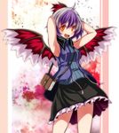  :d alternate_costume armpits arms_up bad_id bad_pixiv_id bag blush casual contemporary fang grey_hair handbag head_wings highres horns looking_at_viewer multicolored_hair open_mouth orange_eyes purple_hair s-syogo short_hair single_head_wing skirt sleeveless sleeveless_turtleneck smile solo tokiko_(touhou) touhou turtleneck two-tone_hair wings 