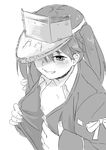  blush flat_chest from_above greyscale kantai_collection monochrome nathaniel_pennel open_clothes ryuujou_(kantai_collection) simple_background smile solo twintails visor_cap white_background 