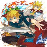  1girl :d ahoge blonde_hair blue_eyes blush breastplate brother_and_sister cape casting_spell crown fire foreshortening glint hair_ornament hairclip holding holding_sword holding_weapon kagamine_len kagamine_rin kazutake_hazano magic neckerchief open_mouth pixelated red_cape shinde_shimau_to_wa_nasakenai!_(vocaloid) short_hair siblings smile sweatdrop sword v-shaped_eyebrows vocaloid weapon wide_sleeves 