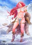  absurdres armlet armor bikini_armor blue_eyes boots breasts curly_hair gloves highres large_breasts loincloth long_hair marvel no_panties outdoors pelvic_curtain red_hair red_sonja red_sonja_(comics) shawli snow sword underboob warrior weapon winter 