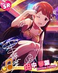  armlet beamed_eighth_notes breasts brown_eyes brown_hair card_(medium) character_name character_signature cleavage d; dress hair_ornament idolmaster idolmaster_million_live! long_hair medium_breasts musical_note official_art one_eye_closed open_mouth solo tanaka_kotoha tears 