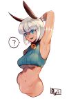  1girl :d ? animal_ears armpits arms_up blue_eyes breasts cat_ears dark_skin fang medium_breasts midriff ms._fortune_(skullgirls) navel open_mouth ryuji_(red-truth) short_hair skullgirls smile solo stomach sweat thought_bubble underboob white_hair 