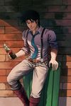  bad_id bad_pixiv_id black_hair blue_eyes boots bottle brick_wall cola jojo_no_kimyou_na_bouken joseph_joestar_(young) male_focus necktie solo suspenders toriyama_arare 