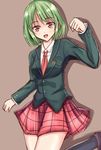  alternate_costume arm_up bad_id bad_pixiv_id blazer green_hair highres jacket kazami_yuuka long_sleeves open_mouth raised_fist red_eyes school_uniform shirt skirt smile solo touhou wendell 