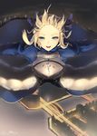 absurdres armor armored_dress artoria_pendragon_(all) bad_id bad_pixiv_id bangs bbayu blonde_hair dress fate/stay_night fate_(series) floating_hair flying green_eyes highres saber solo 