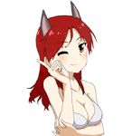  ;) animal_ears bad_id bad_pixiv_id bikini blush breasts cleavage collarbone large_breasts long_hair minna-dietlinde_wilcke one_eye_closed pointing red_eyes red_hair shiratama_(hockey) simple_background smile solo strike_witches swimsuit upper_body white_background white_bikini wolf_ears world_witches_series 