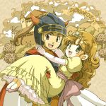  1boy 1girl armor cape capelet carrying castle chiezo cloak commentary_request dragon_quest dragon_quest_i dress gloves graphite_(medium) helmet hero_(dq1) long_hair lowres princess_carry princess_laura traditional_media 