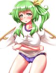  blush breasts buruma cameltoe collarbone commentary_request crossed_arms daiyousei fairy_wings green_eyes green_hair gym_uniform hair_ribbon highres large_breasts looking_at_viewer open_mouth puffy_short_sleeves puffy_sleeves ribbon shirt short_sleeves side_ponytail solo touhou wings zan_(harukahime) 