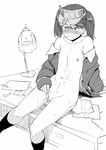  blush bottomless collarbone cum cum_in_pussy cum_on_body desk flat_chest greyscale kantai_collection kneehighs monochrome nathaniel_pennel on_desk open_clothes ryuujou_(kantai_collection) short_hair simple_background sitting sitting_on_desk solo top_pull twintails visor_cap white_background 