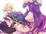  :d ^_^ ^o^ blonde_hair blush closed_eyes crescent flower from_side hat hydrangea kirisame_marisa mob_cap multiple_girls nakatani_nio open_mouth patchouli_knowledge purple_hair shaded_face simple_background smile touhou white_background 