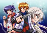  2girls bad_id bad_pixiv_id blue_eyes blush brown_hair ec_divider_code-996 fur_trim gunblade isis_eaglet lily_strosek lyrical_nanoha mahou_senki_lyrical_nanoha_force midriff multiple_girls open_mouth purple_hair sakazaki_akira steed_(nanoha) thoma_avenir weapon yellow_eyes 