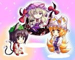  animal_ears bad_id bad_pixiv_id blonde_hair brown_hair chen chibi guang hands_in_opposite_sleeves hat holding holding_umbrella long_hair long_sleeves multiple_girls multiple_tails one_eye_closed pillow_hat puffy_short_sleeves puffy_sleeves ribbon shoes short_hair short_sleeves tail tassel touhou umbrella wide_sleeves yakumo_ran yakumo_yukari 