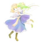  alice_margatroid blonde_hair blue_eyes boots capelet carrying closed_eyes cross-laced_footwear daiyousei dress green_hair hairband hug kiss lace-up_boots multiple_girls one_eye_closed short_hair side_ponytail tona_(nekotte) touhou wings 