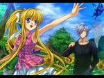  1girl air blonde_hair blue_eyes bug butterfly butterfly_net casual flower hair_over_one_eye hand_net insect kamio_misuzu kunisaki_yukito long_hair mutsuki_(moonknives) ponytail short_hair silver_hair sunflower very_long_hair 