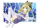  bad_id bad_pixiv_id blonde_hair eyes green_eyes hair_ribbon hat moriya_suwako ribbon shiratama_moyashi short_hair solo thighhighs touhou white_legwear zettai_ryouiki 