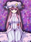 blush breasts coo curvy hat highres large_breasts long_hair moon mosaic_background naughty_face patchouli_knowledge purple_background purple_eyes purple_hair smile solo touhou 