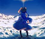  back blue_hair cloud day dress food from_behind fruit hat hinanawi_tenshi long_hair peach ribbon sky solo sun touhou vica 