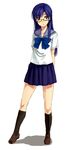  blue_hair brown_eyes glasses idolmaster idolmaster_(classic) kirisato_itsuki kisaragi_chihaya legs school_uniform skirt solo 