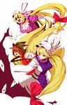  animal_ears bad_id bad_pixiv_id blonde_hair breasts brown_hair cat_ears chen cleavage earrings fox_tail gap hair_ribbon hat jewelry large_breasts multiple_girls multiple_tails peptide ribbon tail touhou yakumo_ran yakumo_yukari 