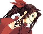  aerith_gainsborough aqua_eyes bad_id bad_pixiv_id bow brown_hair cropped_jacket final_fantasy final_fantasy_vii hair_bow kusumori_shiba pink_bow ponytail smile solo 