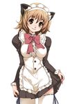  animal_ears apron blush bow bowtie breasts brown_eyes brown_hair cat_ears large_bow large_breasts maid maid_headdress original short_hair solo takase_muu thighhighs white_legwear 