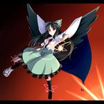  :o arm_cannon batsu black_hair bow cape flying green_bow hair_bow letterboxed long_hair looking_afar red_eyes reiuji_utsuho ribbon solo touhou weapon wings 
