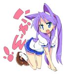  all_fours animal_ears blue_eyes cat_ears fang hiiragi_kagami kanikama long_hair lucky_star oekaki purple_hair solo 