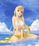  alicia_florence aria arm_support bare_shoulders barefoot bikini blonde_hair blue_eyes breasts cleavage cloud day front-tie_top hands_on_feet highres indian_style kuroko_(piii) large_breasts lips long_hair navel ocean outdoors partially_submerged sarong sitting sky solo swimsuit water white_bikini white_sarong 