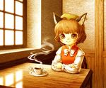  animal_ears bad_id bad_pixiv_id cat_ears chen cup earrings hat jewelry looking_at_viewer solo souri tea teacup touhou 