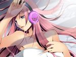  bad_id bad_pixiv_id blue_eyes breasts cleavage headphones long_hair lying medium_breasts megurine_luka on_back pink_hair solo tears temari_(deae) vocaloid 