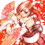  braid brown_eyes brown_hair detached_sleeves dual_wielding fan hair_ribbon holding japanese_clothes meiko ribbon short_hair solo tsugai_kogarashi_(vocaloid) vocaloid youne 