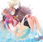  1girl aerith_gainsborough bad_id bad_pixiv_id blonde_hair blue_eyes brown_hair carrying closed_eyes cloud_strife couple cropped_jacket dress final_fantasy final_fantasy_vii flower gloves hair_down hetero long_dress long_hair petals pink_dress princess_carry shoulder_pads tunokado water 