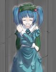  bad_id bad_pixiv_id guang hair_bobbles hair_ornament hat kawashiro_nitori rain short_hair solo torn_clothes touhou two_side_up 