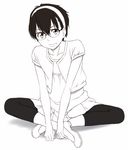  androgynous black_legwear crossdressing dress flat_chest glasses greyscale hairband hourou_musuko leggings male_focus monochrome ninomiya_fumiya otoko_no_ko sawa_jaaji short_hair solo 