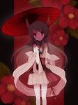  :o bare_shoulders branch brown_hair flower horns jeweled_branch_of_hourai koto_(colorcube) long_hair looking_at_viewer naga_(staygarden) no_nose oriental_umbrella red_eyes ryuujin_naga solo standing staring umbrella 