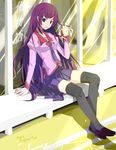  aquarius_(sworddavid) bakemonogatari black_legwear blue_eyes long_hair monogatari_(series) necktie purple_hair school_uniform senjougahara_hitagi shoes sitting skirt solo thighhighs zettai_ryouiki 