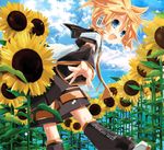  blonde_hair blue_eyes day english flower hekicha kagamine_len male_focus shorts sky smile solo sunflower vocaloid 