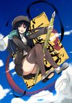  arao bad_id bad_pixiv_id beret black_hair brown_legwear cardigan cloud day floating hat long_hair original oversized_object pen purple_eyes sketch sky solo thighhighs writing zettai_ryouiki 