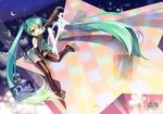  aqua_eyes aqua_hair checkered checkered_floor crescent_moon elbow_gloves gloves hatsune_miku legs long_hair mao_yu moon necktie project_diva project_diva_(series) sitting skirt solo star thighhighs twintails very_long_hair vocaloid 