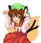  animal_ears brown_eyes brown_hair cat_ears cat_tail chen earrings fang hat jewelry multiple_tails paw_pose pose short_hair solo ta_ki tail touhou 