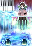 abstract bad_id bad_pixiv_id brown_hair building chair cloud green_eyes highres instrument ogata_sai original pantyhose piano_keys sky solo turtleneck water 