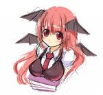  bad_id bad_pixiv_id bat_wings book breast_rest breasts carried_breast_rest head_wings koakuma large_breasts long_hair red_eyes red_hair shirt shuz_(dodidu) sketch smile solo touhou vest wings 