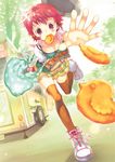  bad_id bad_pixiv_id bag blush bracelet eating food food_stand frills handbag hat highres jewelry mouth_hold orange_legwear original outstretched_arm outstretched_hand paper_bag pink_hair pink_scarf polka_dot reaching red_eyes red_hair running scarf shoes short_hair skirt sneakers solo taiyaki takeda_mika thighhighs tree wagashi 