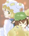  :3 animal_ears bad_id bad_pixiv_id blonde_hair brown_hair cat_ears chen closed_eyes earrings hat jewelry lowres multiple_girls pillow_hat short_hair sleeping tassel touhou yakumo_ran yellow_eyes yuuyuu_(yuko) 