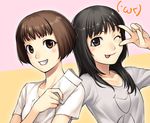  :p black_hair brown_hair grin hikasa_youko multiple_girls nakamura_eriko one_eye_closed real_life real_life_insert seiyuu short_hair smile tanaka_shoutarou tongue tongue_out 