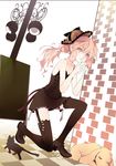  bad_id bad_pixiv_id cat copyright_request dog finger_to_mouth garter_belt hat long_hair pink_hair ponytail saya_(sayaya) shoes shushing skirt sneakers solo squatting thighhighs 
