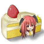  1girl bad_id bad_pixiv_id cake chibi eating food food_on_face fruit head_wings holding in_food koakuma long_hair minigirl necktie pastry red_eyes red_hair simple_background solo strawberry touhou uruc 