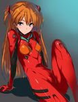  arm_support bangs blue_eyes blush bodysuit bracer breasts gloves gradient gradient_background grey_background hair_ornament kawata_hisashi knee_up long_hair neon_genesis_evangelion number orange_hair parted_lips pilot_suit plugsuit reclining shadow shiny shiny_clothes sitting skinny small_breasts solo souryuu_asuka_langley turtleneck two_side_up 